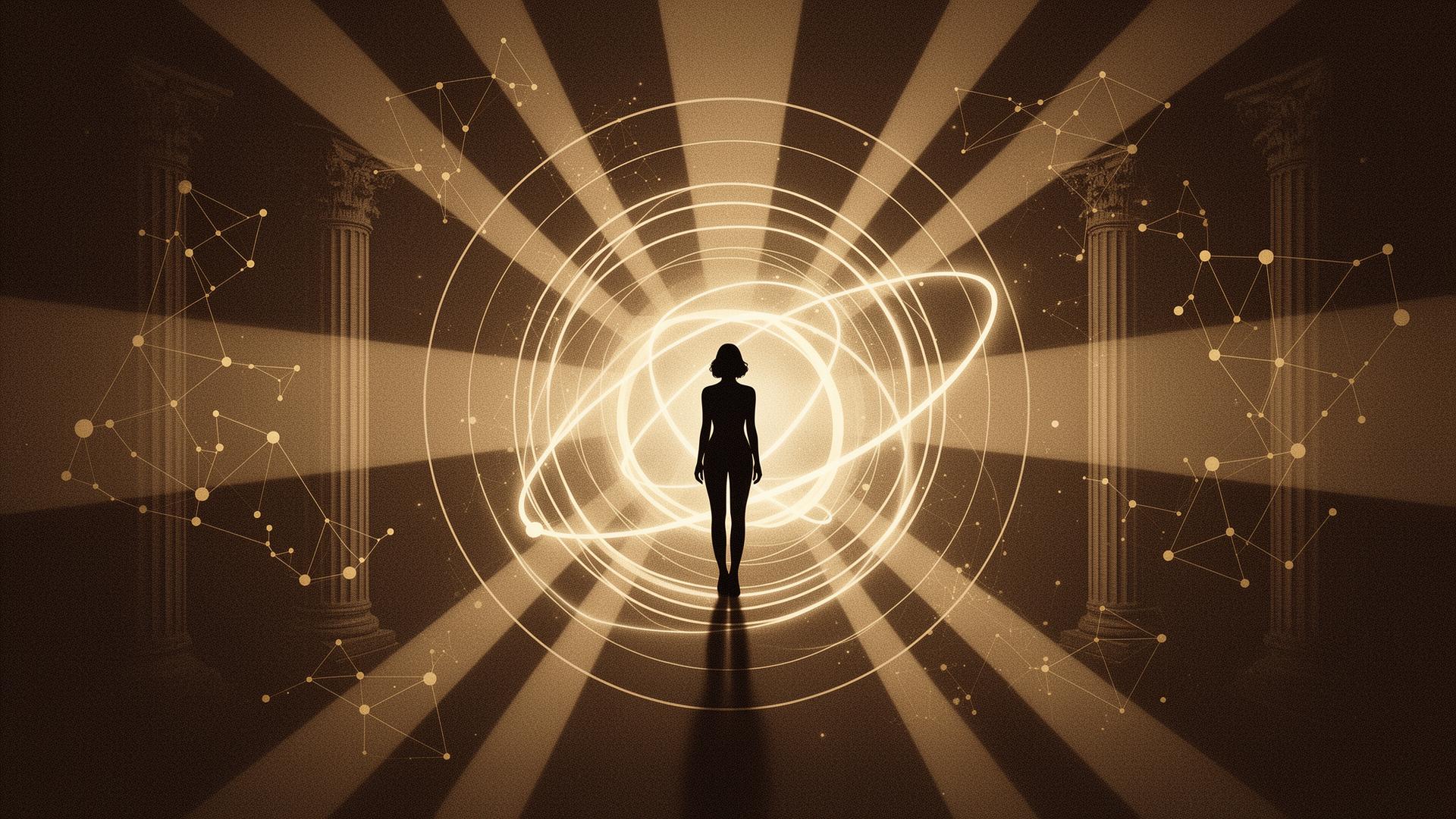 A figure at the center of orbiting circles representing knowledge, wealth, network, and spirituality